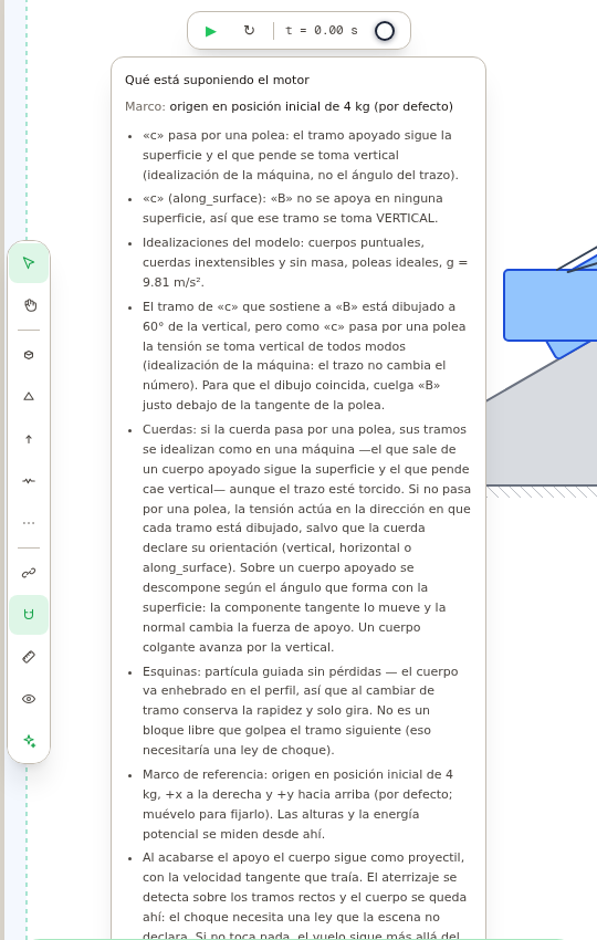 Captura del panel de información de la reproducción en QuickFigen para una rampa con polea y bloque colgante. Dice que la cuerda pasa por una polea y por eso el tramo apoyado sigue la superficie y el que pende se toma vertical, avisa que el tramo que sostiene al colgante está dibujado a 60 grados de la vertical pero que la tensión se toma vertical de todos modos, y enuncia las idealizaciones del modelo.